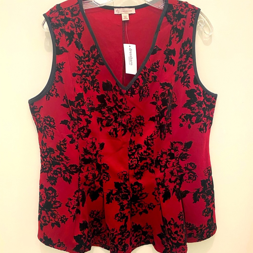 Dressbarn Red Sleeveless Top, Black Floral Detail